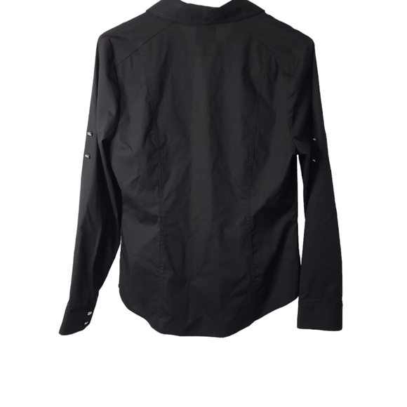NWOT Express women's black v-eck cotton adjustable sleeve buttondown shirt, M - Picture 2 of 9